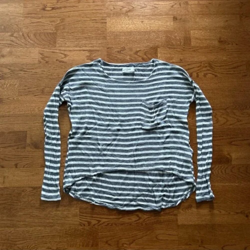 Abercrombie Kids Sweater Knit Top Snit Pullover Soft Pocket Gray White Stripe